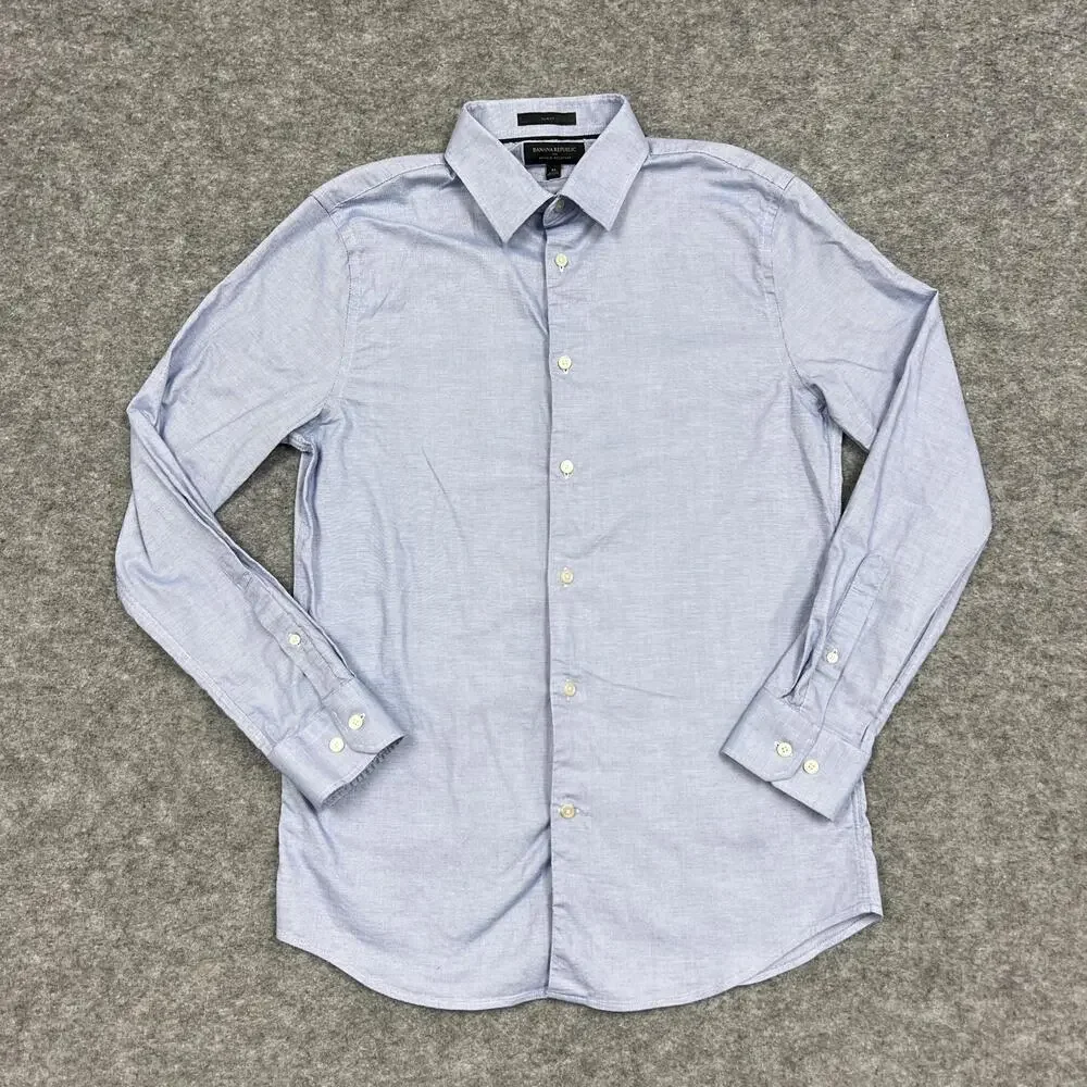Banana Republic Dress Shirt Mens M Blue Check Slim Fit Wrinkle Resistant Career